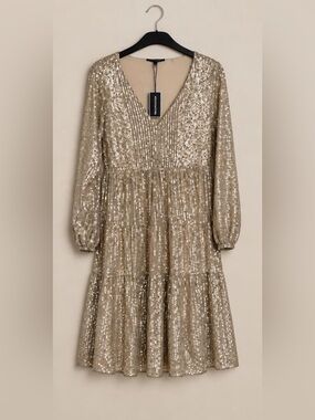 Cable & Gauge Gold Sequin Long Sleeve V-Neck Dress NWT